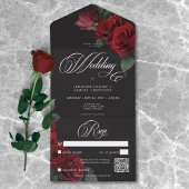 Elegante Moody Blood Red Roses Wedding QR-code All In One Uitnodiging