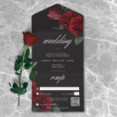 Elegante Moody Blood Red Roses Wedding QR-code All In One Uitnodiging