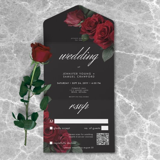 Elegante Moody Blood Red Roses Wedding QR-code All In One Uitnodiging