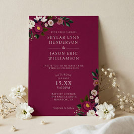 Elegante Moody Bordeaux Aquarel Bloemige Bruiloft Kaart