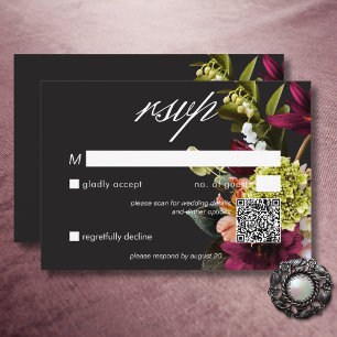 Elegante Moody Bourgondië & Roze Bloemen QR Code RSVP Kaartje