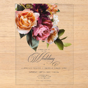 Elegante Moody Burgundy & Roze Bloemige Bruiloft Acryl Uitnodigingen