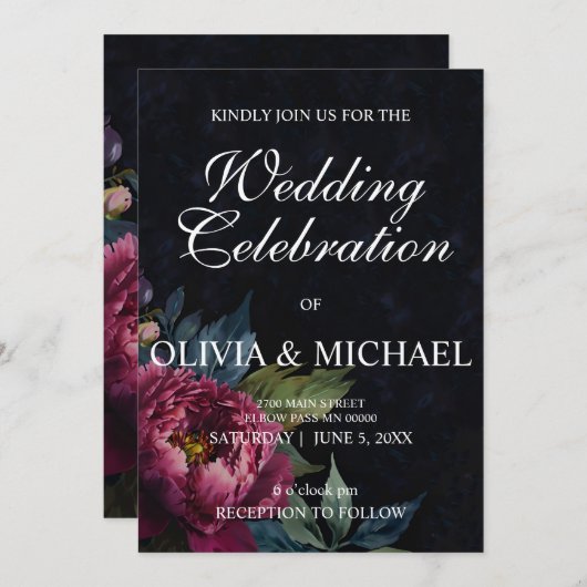 Elegante moody donkerroze waterverf bloemenbruilof kaart (Voorkant / Achterkant)