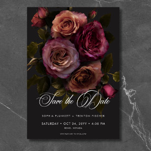 Elegante Moody Gedempte Roest & Burgundy Bloemige Save The Date