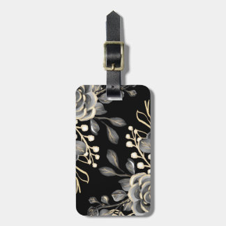 Elegante Moody Grijs Bloemmotief Goud Zwart Waterv Bagagelabel