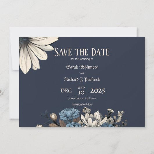 Elegante Moody Navy Blauwe Bloem Save The Date (Voorkant)