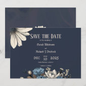 Elegante Moody Navy Blauwe Bloem Save The Date (Voorkant / Achterkant)