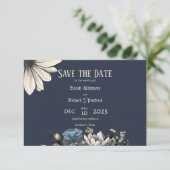 Elegante Moody Navy Blauwe Bloemen Save The Date (Staand voorkant)
