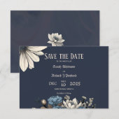 Elegante Moody Navy Blauwe Bloemen Save The Date (Voorkant / Achterkant)