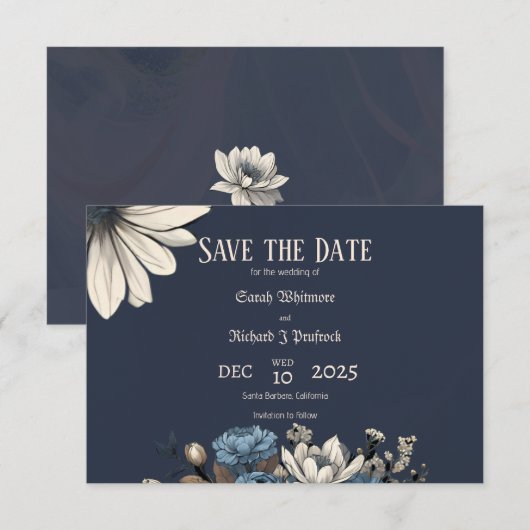Elegante Moody Navy Blauwe Bloemen Save The Date (Voorkant / Achterkant)