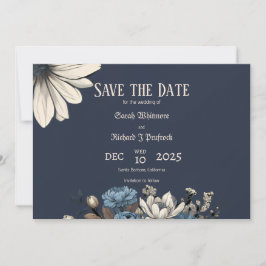 Elegante Moody Navy Blauwe Bloemen Save The Date