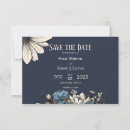 Elegante Moody Navy Blauwe Bloemen Save The Date