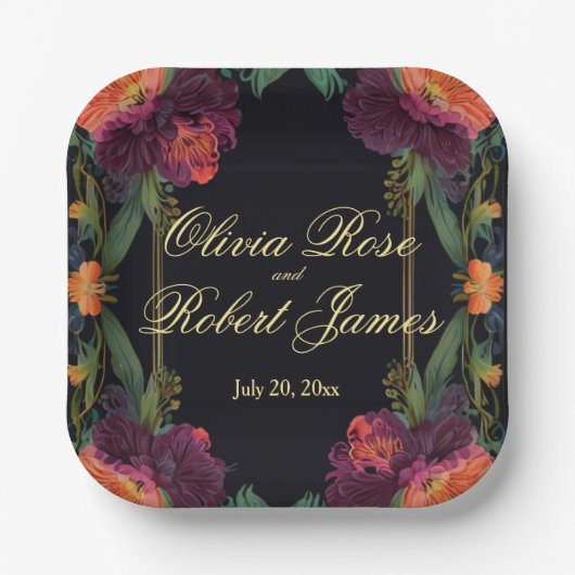 Elegante moody peachy roze boho bloemen papieren bordje (Voorkant)