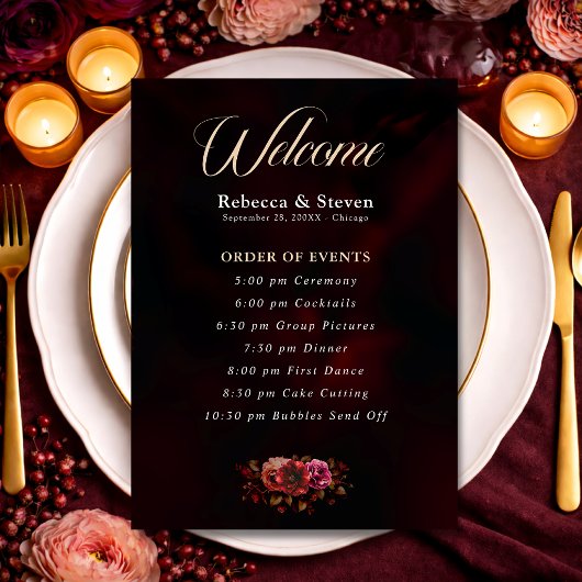 Elegante moody rode zwarte bloemen bruiloft programmakaart