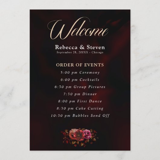 Elegante moody rode zwarte bloemen bruiloft programmakaart (Voorkant)