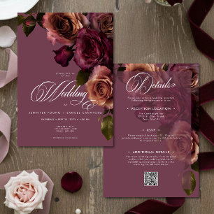 Elegante Moody Roest Burgundy Bloemencode QR Weddi Kaart