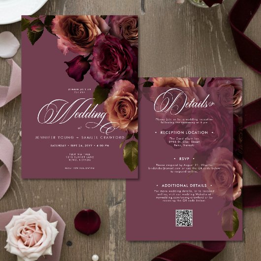 Elegante Moody Roest Burgundy Bloemencode QR Weddi Kaart