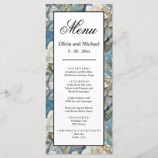 Elegante moody stoffige blauw waterverf bloemen menu (Voorkant)