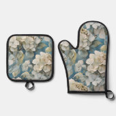 Elegante moody stoffige blauw waterverf bloemen ovenwant & pannenlap set (Voorkant)