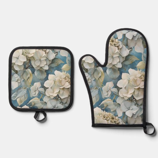 Elegante moody stoffige blauw waterverf bloemen ovenwant & pannenlap set (Voorkant)