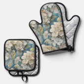 Elegante moody stoffige blauw waterverf bloemen ovenwant & pannenlap set (Voorkant / Achterkant)