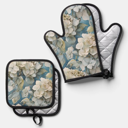 Elegante moody stoffige blauw waterverf bloemen ovenwant & pannenlap set (Voorkant / Achterkant)