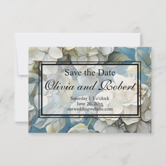 Elegante moody stoffige blauw waterverf bloemen save the date (Voorkant)