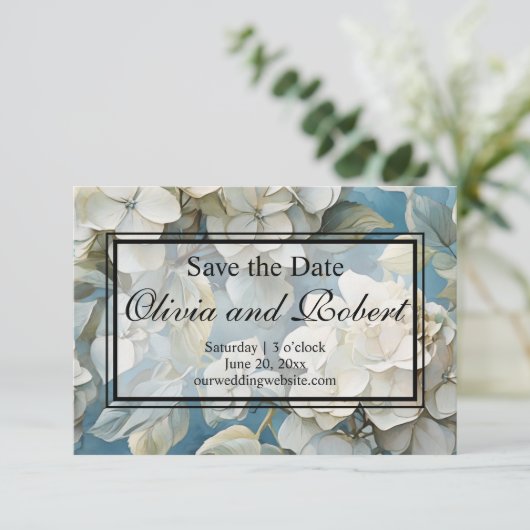 Elegante moody stoffige blauw waterverf bloemen save the date (Staand voorkant)