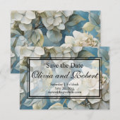 Elegante moody stoffige blauw waterverf bloemen save the date (Voorkant / Achterkant)