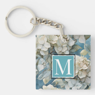 Elegante moody stoffige blauw waterverf bloemen sleutelhanger
