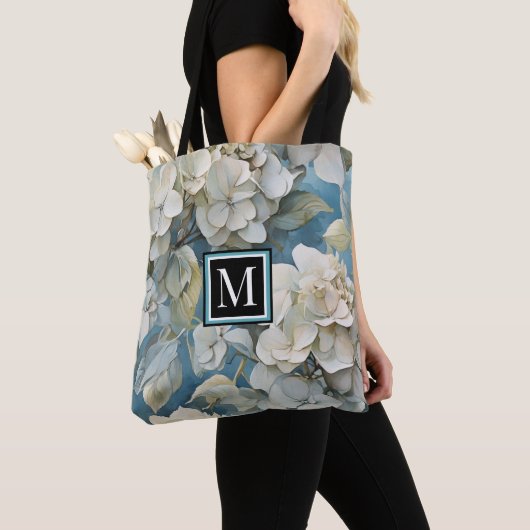 Elegante moody stoffige blauw waterverf bloemen tote bag (Dichtbij)