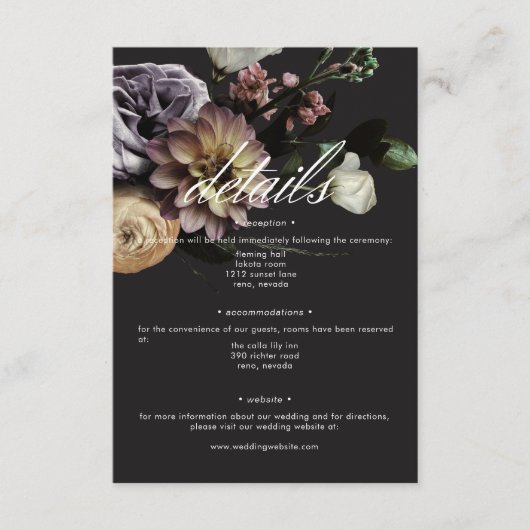 Elegante Moody Twilight Gedempte Bloemen Details Informatiekaartje (Voorkant)