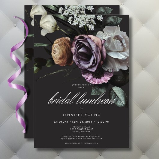 Elegante Moody Twilight Muted Floral Bridal Lunch Kaart