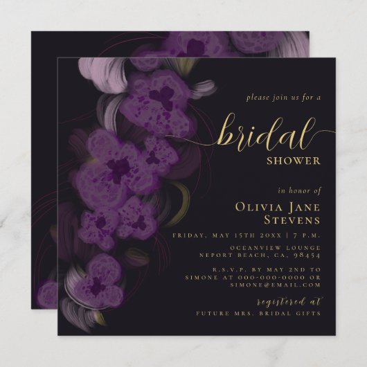 Elegante Moody Zwarte Paarse Orchideeën Bruidsborr Kaart (Voorkant / Achterkant)