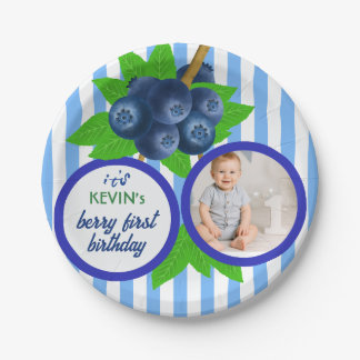 Elegante Mooie Blauwe Bes Eerste Verjaardag Papieren Bordje