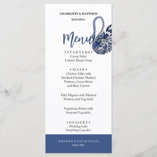 Elegante Mooie Blauwe Boho Zwaan Aquarel Menu (Voorkant)