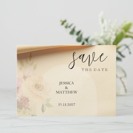 Elegante Mooie Boho Perzik Blush Bloemen bruiloft Save The Date (Staand voorkant)