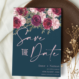 Elegante mooie bordeauxroze blauwe bloemige trouw- save the date