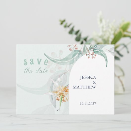 Elegante mooie munt Eucalyptus waterverf kunst Save The Date (Staand voorkant)