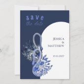 Elegante mooie zwaan in marineblauwe bruiloft save the date (Voorkant)