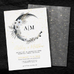 Elegante Moon Celestial Wedding Folie Invitation Folie Uitnodiging<br><div class="desc">Boho Star Crescent Moon Celestial Monogram Uitnodiging voor het Huwelijk. Vier een avond onder de sterren met dit lichte, grillige boho hemelse huwelijksthema. Een elegante maar speelse look met een waterverf middernachtelijke maansikkel, gouden foliën en witte bloemetjes, veren en andere accenten die een beetje een bohemian vibe geven. De achterkant...</div>