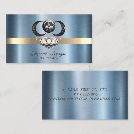 Elegante Moon Lotus Blue Metallic Visitekaartje (Voorkant / Achterkant)