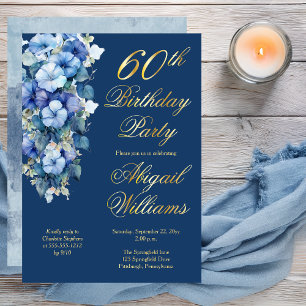 Elegante Morning Glories Blauwe Bloemen 60e verjaa Folie Uitnodiging