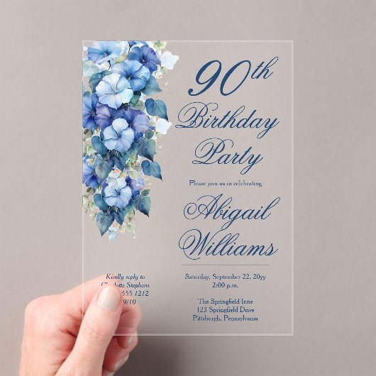 Elegante Morning Glories Blauwe Bloemen 90ste verj Acryl Uitnodigingen (Insitu (Draagbaar))