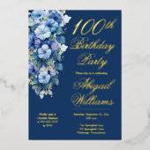 Elegante Morning Glory Blue Floral 100e verjaardag Folie Uitnodiging (Voorkant)
