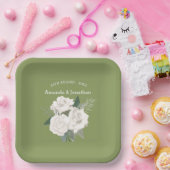Elegante Mos Groene en Witte Rozen Bruiloft Papieren Bordje (Feest)