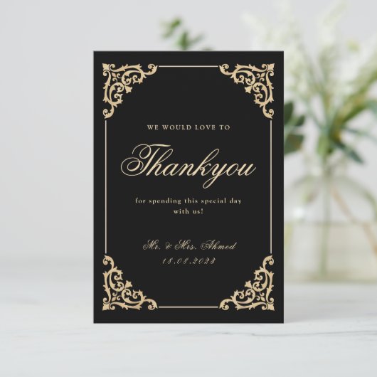 Elegante Moslim Zwart Goud Bruiloft Dank u Kaart (Staand voorkant)