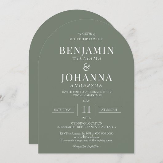 Elegante Moss Green Arch bruiloft Kaart (Voorkant / Achterkant)
