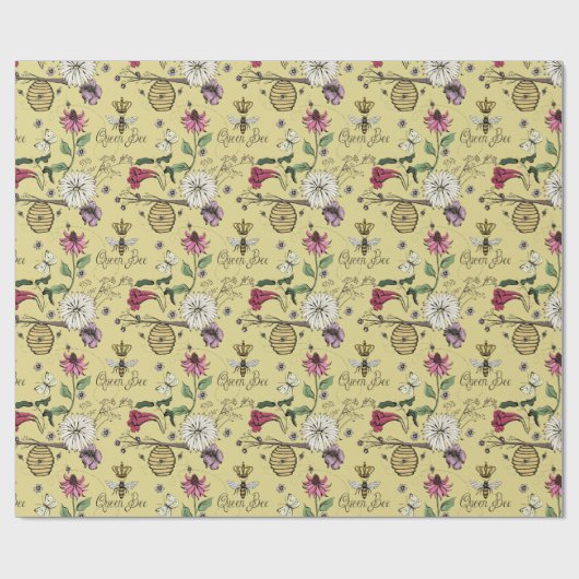 Elegante Mosterd Moederdag Koningin Bij en Bloemen Cadeaupapier (Vlak)