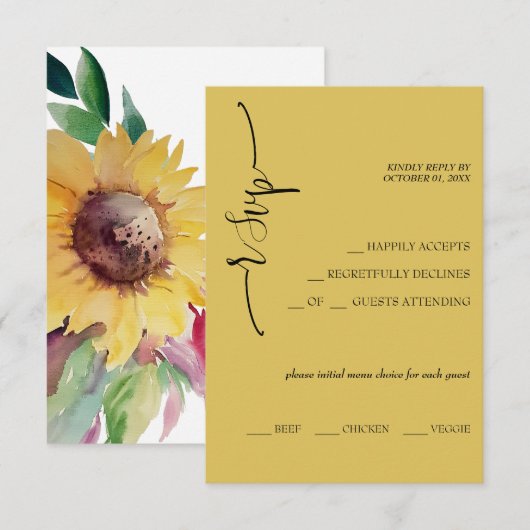Elegante mosterd zonnebloem kalligrafie RSVP kaartje (Voorkant / Achterkant)